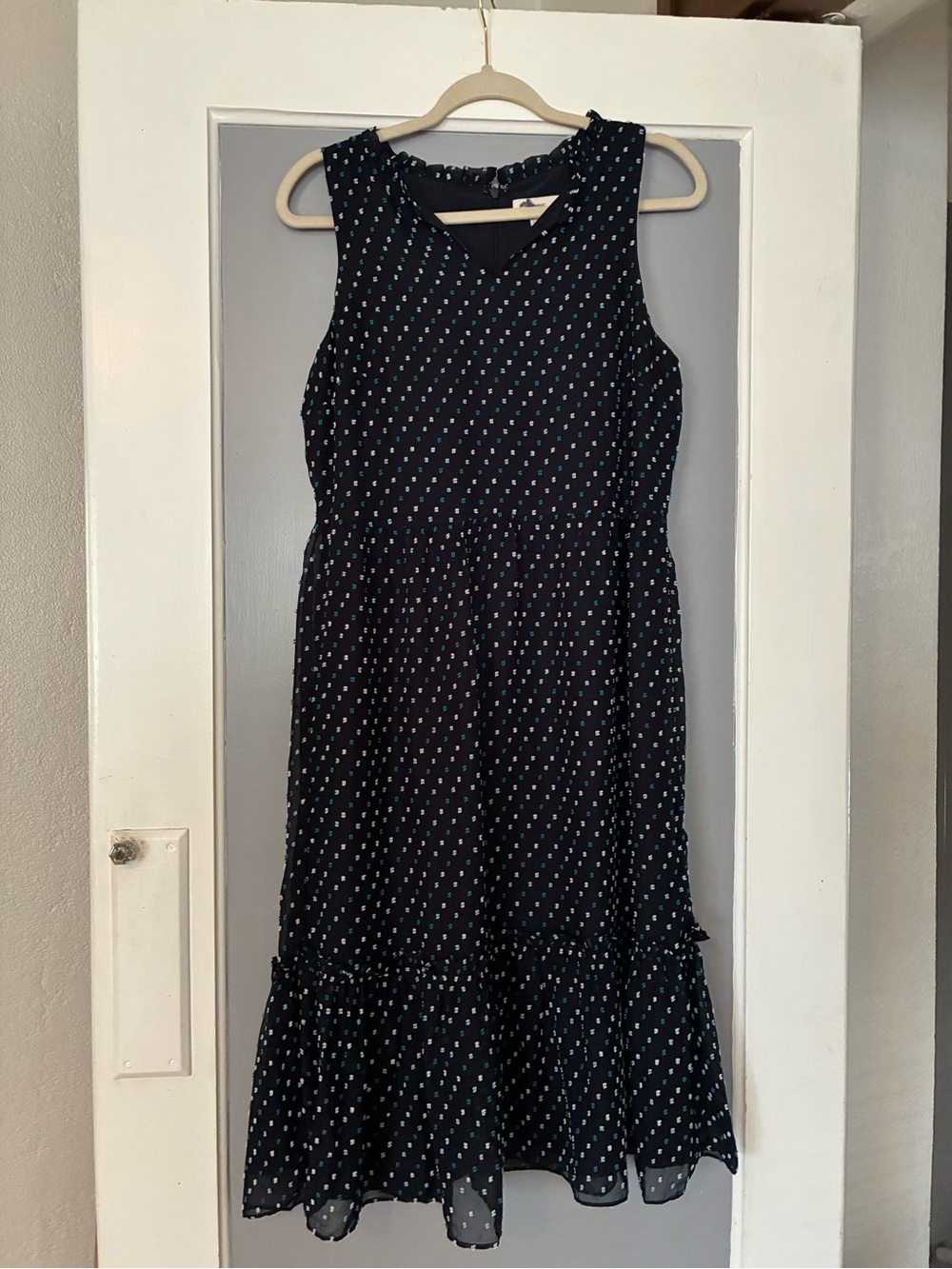 LOFT Navy Midi Dress with White Polka Dots